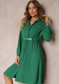 Renee - Zielona Koszulowa Sukienka z Gumką w Talii i Paskiem z Klamerką Jenele. Kolor: zielony. Materiał: skóra. Typ sukienki: koszulowe #5