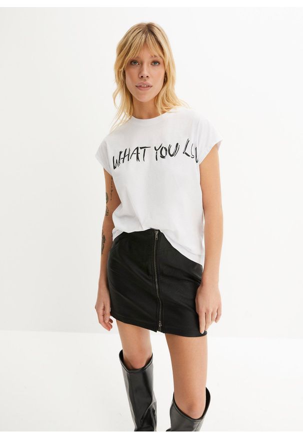 bonprix - T-shirt oversize z czystej bawełny organicznej. Kolor: biały. Materiał: bawełna. Wzór: nadruk