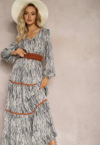 Renee - Szara Sukienka z Gumką w Pasie Nossi. Typ kołnierza: dekolt w kształcie V. Kolor: szary. Materiał: materiał, tkanina. Styl: boho. Długość: maxi