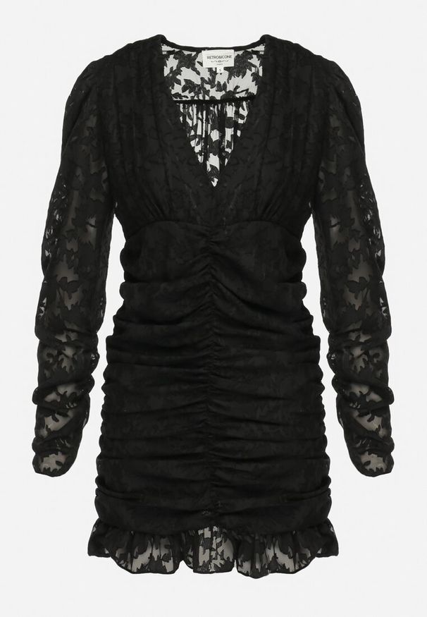 Born2be - Czarna Sukienka Mini z Tkaniny Plumeti z Marszczeniem Werenia. Okazja: na co dzień. Typ kołnierza: dekolt w kształcie V. Kolor: czarny. Materiał: tkanina. Styl: casual, elegancki, klasyczny. Długość: mini