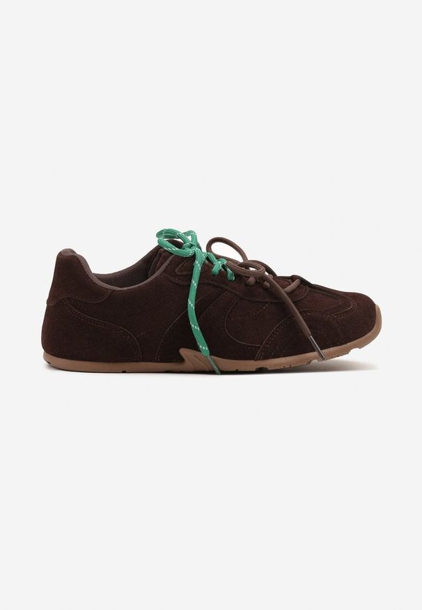 Renee - Brązowe Sneakersy Ozdobione Podwójnym Sznurowaniem Lirania. Okazja: na co dzień. Zapięcie: sznurówki. Kolor: brązowy. Materiał: jeans. Wzór: aplikacja. Obcas: na obcasie. Wysokość obcasa: niski