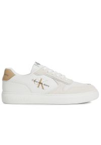 Buty Calvin Klein Casual Cupsole Irregular Lines YM0YM00606-0LA - biało-beżowe. Okazja: na co dzień. Zapięcie: sznurówki. Kolor: biały, beżowy, wielokolorowy. Materiał: guma, skóra, syntetyk, materiał. Szerokość cholewki: normalna