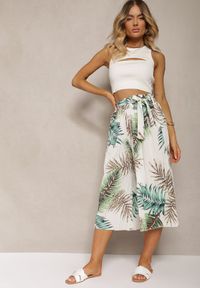 Renee - Biało-Zielone Plisowane Spodnie z Szerokimi Nogawkami High Waist z Gumką w Talii Alfia. Stan: podwyższony. Kolor: biały. Materiał: tkanina. Sezon: lato