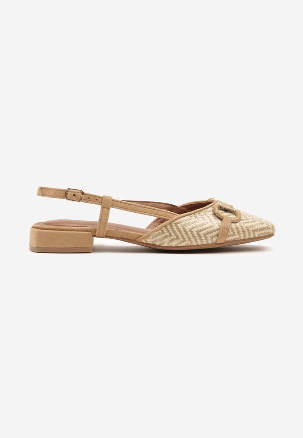Born2be - Ciemnobeżowe Sandały Slingback z Tweedowymi Zdobieniami i Ozdobną Aplikacją Ridianoria. Okazja: na co dzień. Zapięcie: pasek. Kolor: beżowy. Materiał: jeans. Wzór: aplikacja. Obcas: na obcasie. Styl: casual, elegancki. Wysokość obcasa: niski