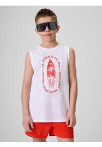 4f - 4F Koszulka bez rękawów regular z nadrukiem chłopięca - biała 134 (8-9 lat). Kolor: biały. Materiał: bawełna, skóra, materiał. Długość rękawa: bez rękawów. Wzór: nadruk. Sezon: lato #1