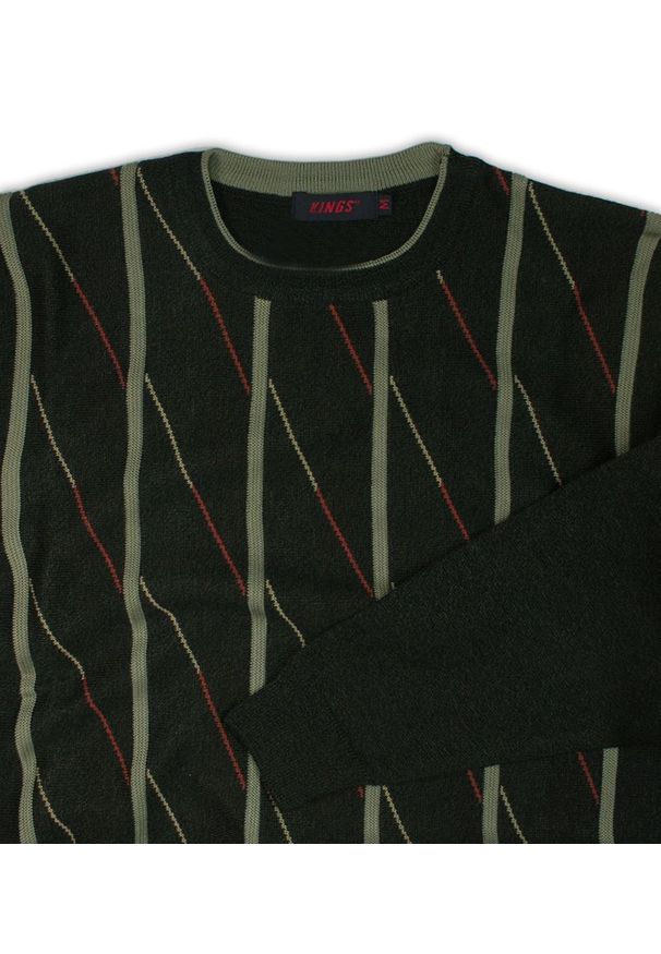 Kings - Sweter Ciemny Zielony w Paski, Okrągły Dekolt (U-neck), Męski - KINGS. Kolor: zielony. Materiał: akryl, wełna. Wzór: paski. Sezon: zima, jesień. Styl: klasyczny