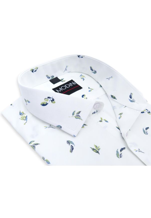 Modini - Biała koszula z krótkim rękawem w granatowo-zielone listki YK08. Kolor: zielony, biały, wielokolorowy, niebieski. Materiał: bawełna, poliester, tkanina. Długość rękawa: krótki rękaw. Długość: krótkie