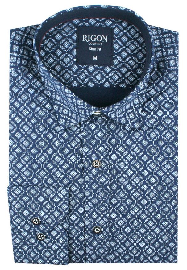 Męska Koszula, Taliowana (Slim Fit) - Rigon - Ciemnoniebieska, Wzór. Okazja: na spotkanie biznesowe, do pracy. Kolor: niebieski. Materiał: poliester, elastan, bawełna. Długość rękawa: długi rękaw. Długość: długie. Styl: biznesowy, elegancki, wizytowy