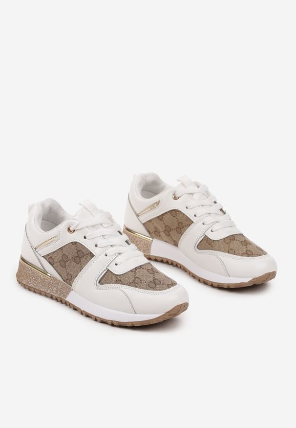 Born2be - Biało-Brązowe Sneakersy z Ozdobnymi Przeszyciami i Metaliczną Wstawką Miltia. Okazja: na co dzień. Kolor: biały