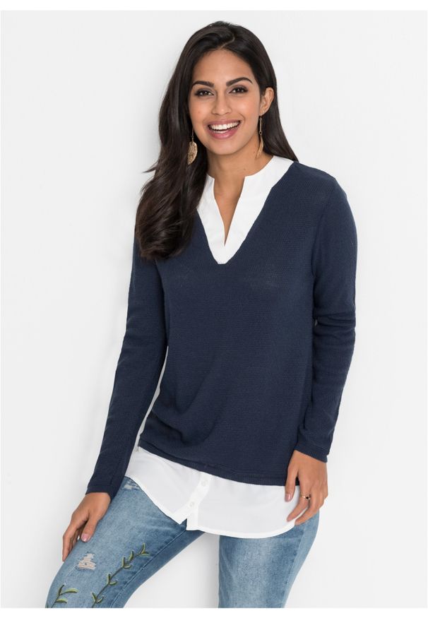 bonprix - Sweter z koszulową wstawką. Kolor: niebieski. Długość rękawa: długi rękaw. Długość: długie