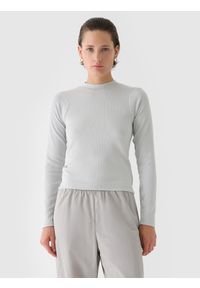 4f - 4F Longsleeve slim z prążkowanej dzianiny z modalem damski - szary XS. Okazja: na co dzień. Typ kołnierza: kołnierzyk stójkowy. Kolor: szary. Materiał: dzianina, prążkowany. Długość rękawa: długi rękaw. Długość: długie. Wzór: prążki. Styl: sportowy, casual