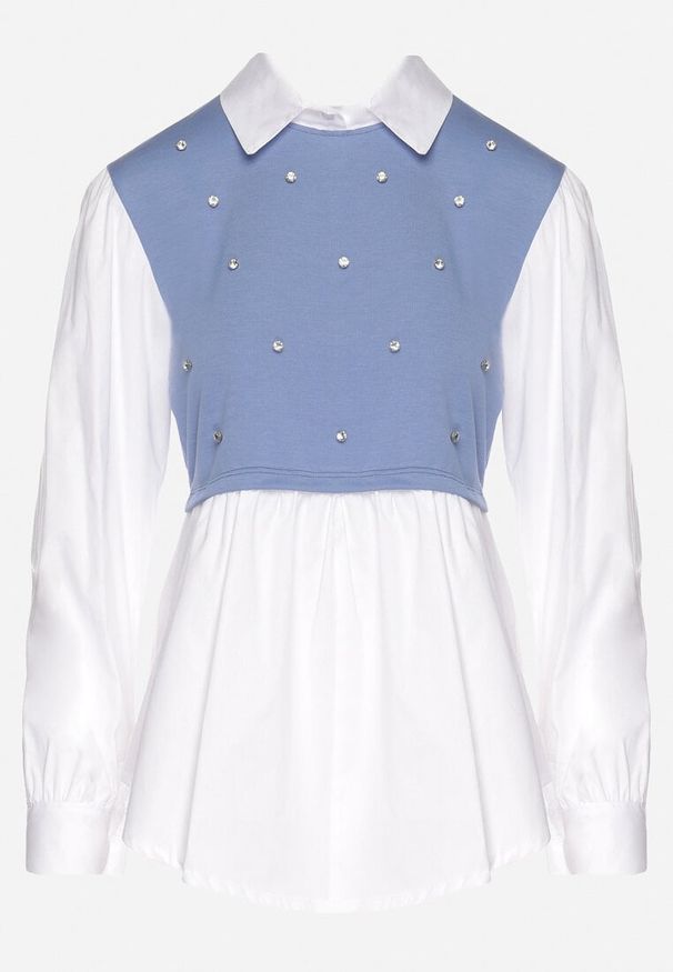 Born2be - Niebieska Rozkloszowana Bluzka Koszulowa z Wiskozą z Wszytą Kamizelką z Cyrkoniami Uliaviela. Okazja: na co dzień. Typ kołnierza: kołnierzyk klasyczny. Kolor: niebieski. Materiał: wiskoza. Długość rękawa: długi rękaw. Długość: długie. Wzór: aplikacja. Styl: casual, klasyczny, elegancki