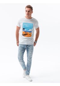 Ombre Clothing - T-shirt męski z nadrukiem S1434 V-3A - biały - XXL. Kolor: biały. Materiał: bawełna. Wzór: nadruk. Styl: klasyczny