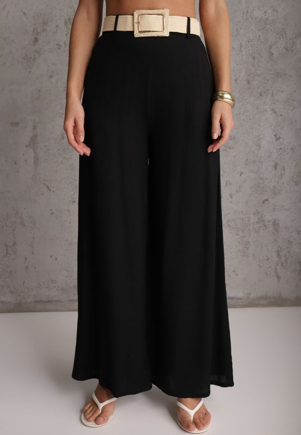 Renee - Czarne Spodnie High Waist Wide Leg z Wiskozą z Plecionym Paskiem Aridine. Okazja: na co dzień. Stan: podwyższony. Kolor: czarny. Materiał: wiskoza. Styl: elegancki, casual