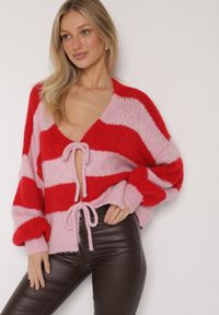 Born2be - Czerwony Wiązany Kardigan Oversize w Paski z Dodatkiem Wełny i Wiskozy Retire. Kolor: czerwony. Materiał: wełna, wiskoza. Wzór: paski #6