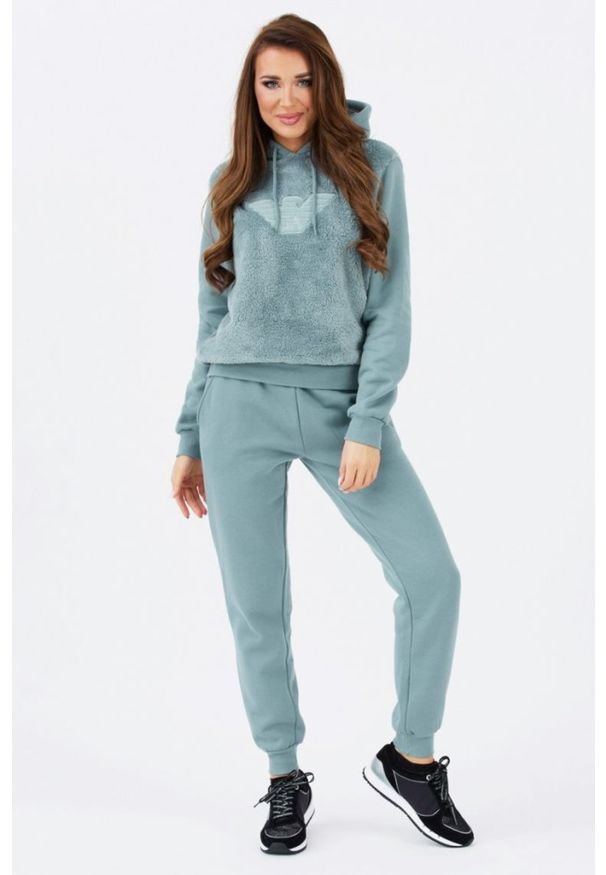 Emporio Armani - EMPORIO ARMANI Zielona pluszowa bluza damska, Rozmiar XS. Kolor: zielony. Materiał: poliester, prążkowany. Wzór: aplikacja
