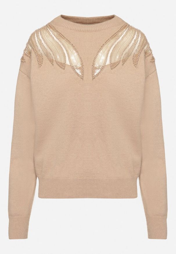 Born2be - Ciemnobeżowy Sweter z Siateczkowymi Wstawkami z Cekinami Perełkami i Koralikami Evoriana. Okazja: na co dzień. Kolor: beżowy. Materiał: jeans. Styl: elegancki, glamour, casual