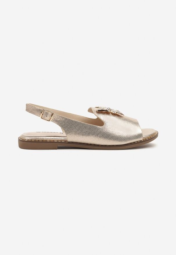 Renee - Złote Sandały Slingback ze Skórzaną Wkładką i Cyrkoniową Aplikacją z Motylem Idirane. Okazja: na co dzień, na imprezę. Zapięcie: sprzączka. Kolor: złoty. Materiał: skóra. Wzór: aplikacja. Sezon: lato. Styl: elegancki, casual