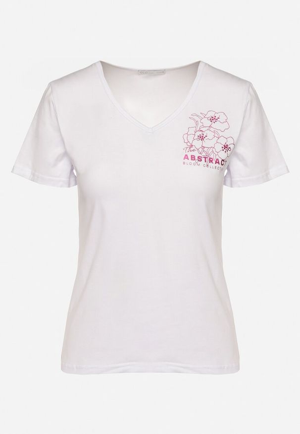Born2be - Biały T-shirt Koszulka z Trójkątnym Dekoltem z Bawełny Ozdobiona Nadrukiem Elanoa. Okazja: na co dzień. Kolor: biały. Materiał: bawełna. Wzór: aplikacja, nadruk. Styl: elegancki, casual