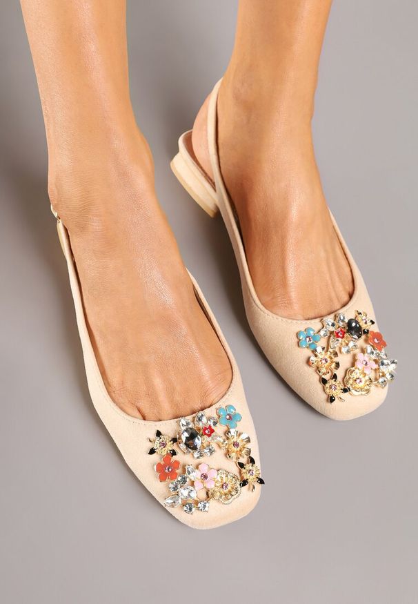 Renee - Beżowe Czółenka Slingback Vices z Cyrkoniami i Wkładką ze Skóry Eklina. Okazja: na co dzień. Kolor: beżowy. Materiał: skóra. Obcas: na obcasie. Styl: wizytowy, klasyczny, elegancki, casual. Wysokość obcasa: średni
