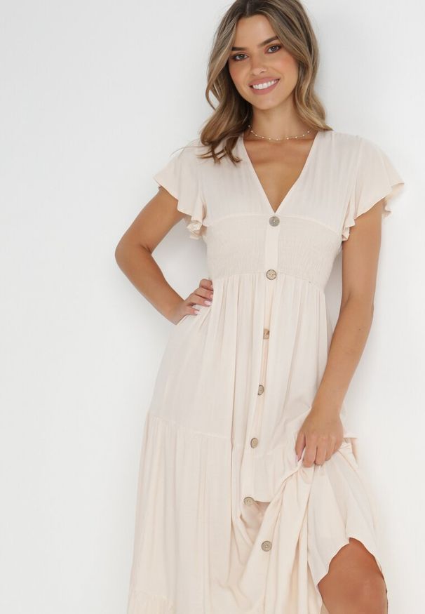 Born2be - Beżowa Sukienka z Wiskozy Heeny. Okazja: na co dzień, na randkę. Kolor: beżowy. Materiał: wiskoza. Wzór: aplikacja, gładki. Sezon: lato. Styl: casual. Długość: maxi