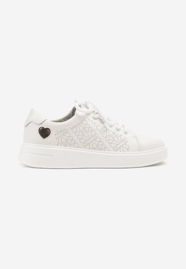 Renee - Białe Sneakersy z Wkładką ze Skóry Naturalnej Ozdobione Cyrkoniami i Sercem Tiralia. Okazja: na co dzień. Kolor: biały. Materiał: skóra. Wzór: aplikacja