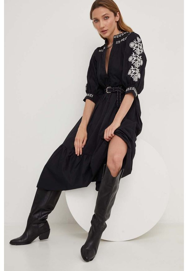 Answear Lab sukienka bawełniana kolor czarny maxi rozkloszowana. Kolor: czarny. Materiał: bawełna. Wzór: haft. Typ sukienki: rozkloszowane. Styl: wakacyjny. Długość: maxi