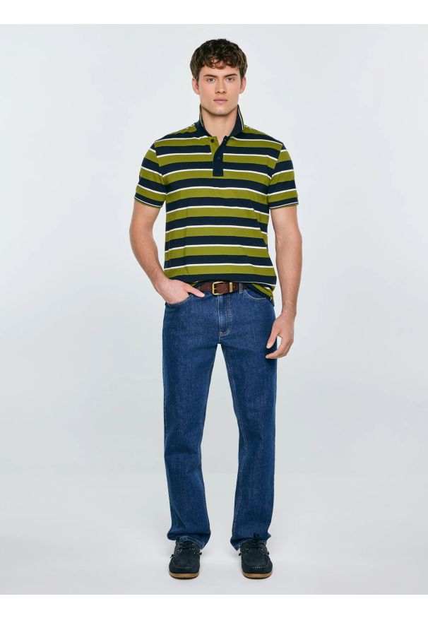 Big-Star - Koszulka męska polo w paski granatowo-zielona Seulis 301. Okazja: na co dzień. Typ kołnierza: polo. Kolor: zielony. Materiał: dzianina, jeans, żakard. Wzór: paski. Styl: casual, elegancki, sportowy, klasyczny
