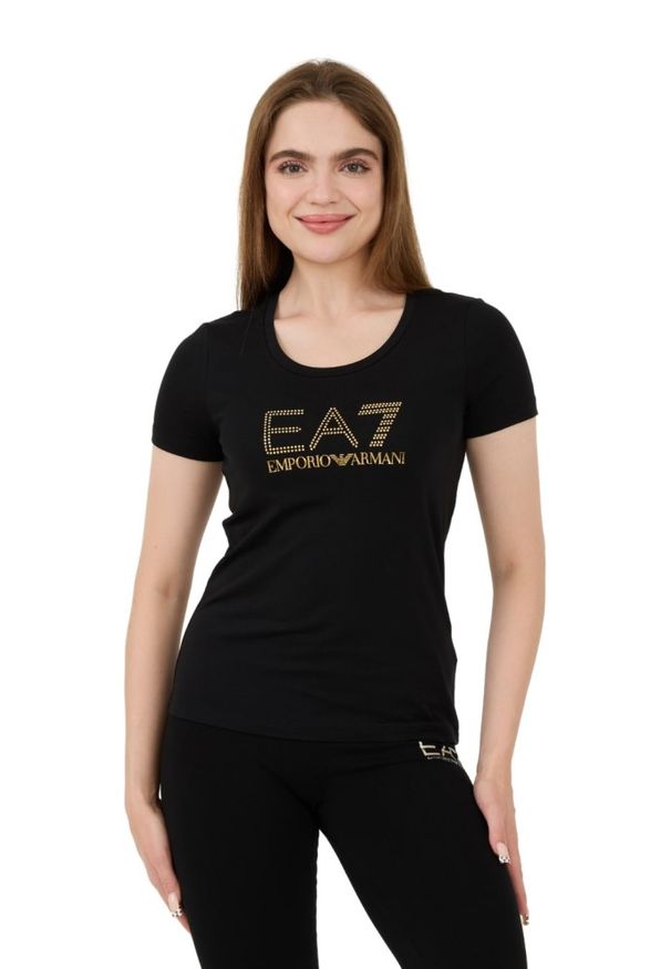 EA7 Emporio Armani - EA7 Czarny t-shirt z cyrkoniami. Kolor: czarny