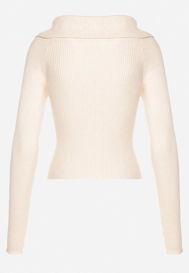 Born2be - Jasnobeżowy Dopasowany Kardigan w Prążki Zapinany na Suwak z Szerokim Kołnierzem Zinleina. Okazja: do pracy, na co dzień. Kolor: beżowy. Materiał: jeans. Wzór: prążki. Styl: elegancki, casual