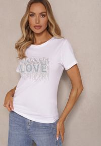 Renee - Biały T-shirt z Bawełny Ozdobiony Cyrkoniami i Napisem Aluiela. Okazja: na co dzień. Kolor: biały. Materiał: bawełna. Wzór: aplikacja, napisy. Styl: sportowy, casual, klasyczny #4