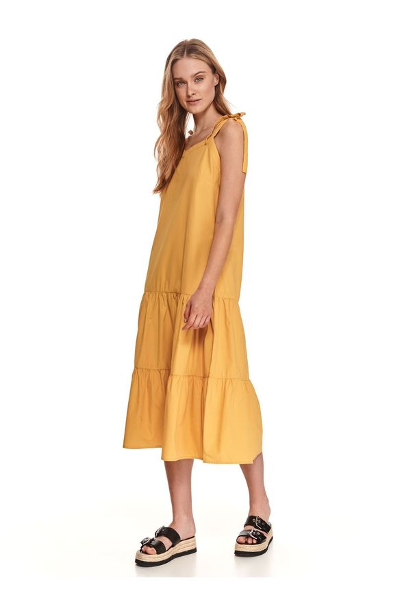 TOP SECRET - Sukienka midi z wiązanymi ramiączkami. Kolor: żółty. Materiał: tkanina, bawełna. Długość rękawa: na ramiączkach. Sezon: lato. Długość: midi