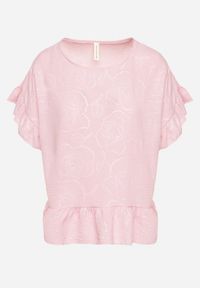 Born2be - Różowa Bluzka o Kroju Oversize z Falbanami Livelle. Okazja: na co dzień. Kolor: różowy. Materiał: jeans. Długość rękawa: krótki rękaw. Długość: krótkie. Styl: casual #6