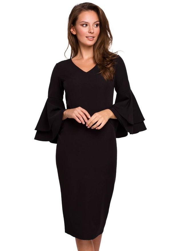 Sukienki.shop - Sukienka elegancka wieczorowa midi z bufiastymi rękawami czarna. Kolor: czarny. Typ sukienki: ołówkowe. Styl: elegancki, wizytowy. Długość: midi