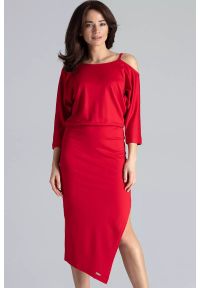 Lenitif - Asymetryczna sukienka z kimonowym rękawem czerwona. Okazja: na co dzień. Kolor: czerwony. Materiał: tkanina. Typ sukienki: asymetryczne. Styl: casual #1