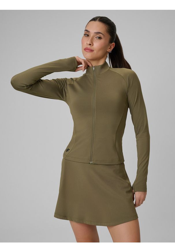 4f - 4F Bluza treningowa slim szybkoschnąca damska - oliwkowa XL. Typ kołnierza: kołnierzyk stójkowy. Kolor: oliwkowy, brązowy, wielokolorowy. Materiał: skóra. Styl: sportowy