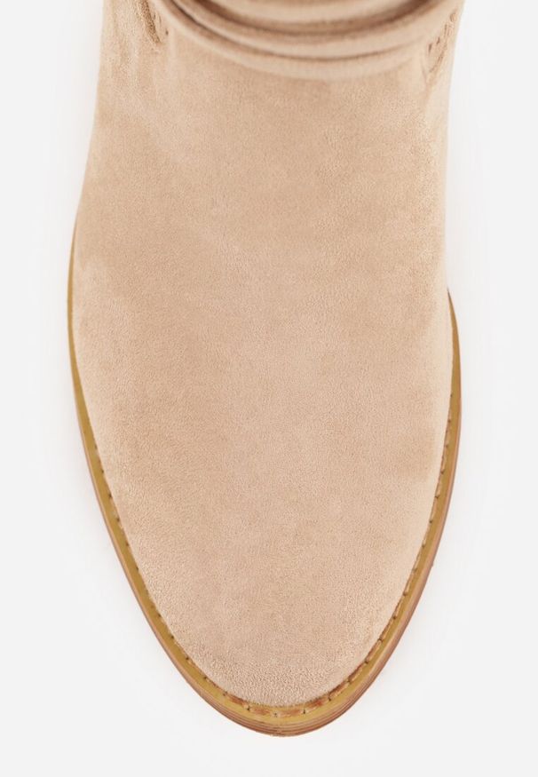 Renee - Ciemnobeżowe Botki Vices na Słupku w Stylu Kowbojek z Ażurową Cholewką i Paskami Tulifedi. Zapięcie: pasek. Kolor: beżowy. Materiał: skóra, jeans. Szerokość cholewki: normalna. Wzór: ażurowy. Obcas: na słupku. Styl: rockowy. Wysokość obcasa: średni