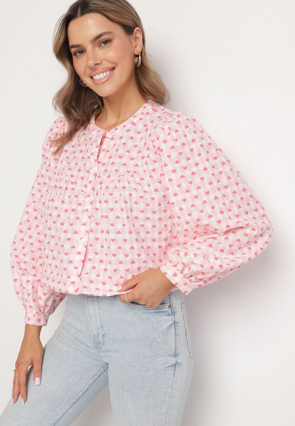 Born2be - Różowa Koszula Bawełniana w Kratę i Serduszka Halariela. Okazja: na spacer, na co dzień. Kolor: różowy. Materiał: bawełna. Styl: elegancki, casual, sportowy