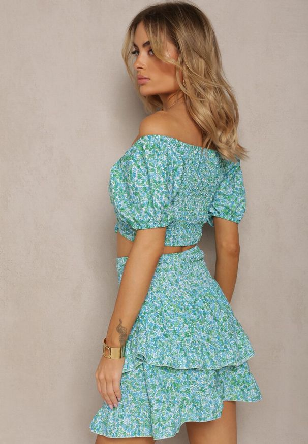 Renee - Niebieski Komplet Bluzka w Stylu Hiszpanki i Spódniczka z Gumką Salsem. Kolor: niebieski