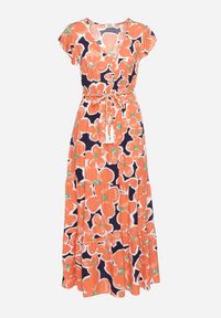 Born2be - Pomarańczowa Wiskozowa Sukienka w Kwiaty z Gumką w Pasie z Ozdobnym Paskiem Vikellie. Okazja: na co dzień. Typ kołnierza: dekolt w kształcie V. Kolor: pomarańczowy. Materiał: wiskoza. Długość rękawa: krótki rękaw. Wzór: kwiaty. Typ sukienki: proste. Styl: casual #3