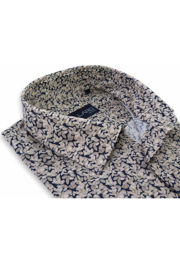 Mmer / Villaro - Koszule męskie - Granatowo-beżowa koszula męska w liście H156. Kolor: wielokolorowy, beżowy, niebieski. Materiał: bawełna, elastan, tkanina. Długość: długie