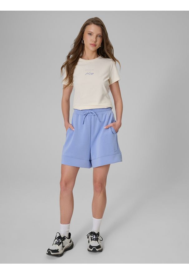 4f - 4F T-shirt slim z nadrukiem damski - beżowy XXL. Okazja: na co dzień. Kolor: beżowy. Materiał: jeans, materiał. Wzór: nadruk. Styl: casual