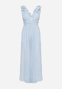 Born2be - Niebieski Plisowany Kombinezon Koktajlowy Ozdobiony Falbanami z Szerokimi Nogawkami Frelfrea. Kolor: niebieski. Materiał: materiał. Wzór: aplikacja. Styl: wizytowy #3