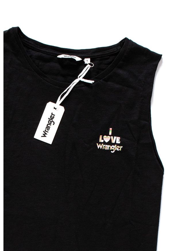 Wrangler - WRANGLER T SHIRT DAMSKI CUT OFF TANK BLACK W701REA01 112130897. Długość rękawa: bez rękawów. Wzór: nadruk, kolorowy