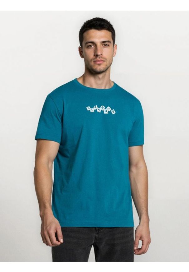 Sinsay - Bawełniana koszulka z krótkim rękawem Scrabble - niebieski. Kolor: niebieski. Materiał: bawełna. Długość rękawa: krótki rękaw. Długość: krótkie