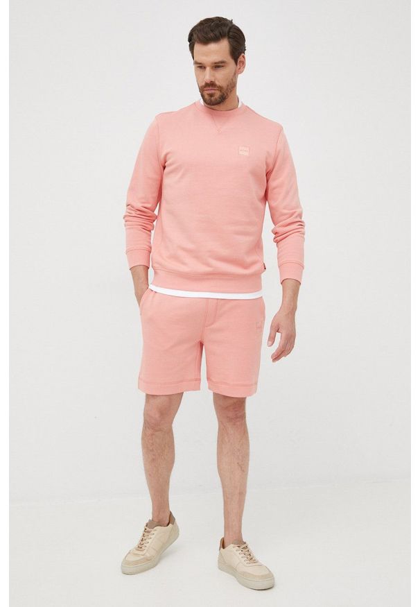 BOSS bluza bawełniana BOSS CASUAL męska kolor różowy gładka. Okazja: na co dzień. Kolor: różowy. Materiał: bawełna. Wzór: gładki. Styl: casual