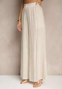 Renee - Beżowo-Brązowe Szerokie Spodnie High Waist w Paski z Bawełny Silorea. Okazja: na co dzień. Stan: podwyższony. Kolor: beżowy. Materiał: bawełna. Wzór: paski. Styl: elegancki, casual #5