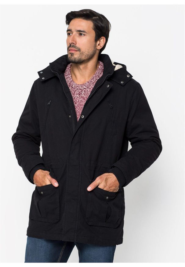 bonprix - Parka zimowa z podszewką z baranka w kapturze. Okazja: na co dzień. Typ kołnierza: kaptur. Kolor: czarny. Sezon: zima. Styl: casual
