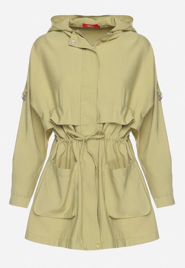 Born2be - Jasnozielona Kurtka Parka z Nieodpinanym Kapturem i Troczkiem w Pasie Mevarie. Okazja: na co dzień. Kolor: zielony. Materiał: tkanina, jeans. Długość rękawa: długi rękaw. Długość: długie. Styl: elegancki, casual
