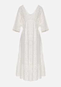 Renee - Biała Sukienka z Koronką i Dodatkiem Bawełny Wykończona Wiązaniem i Gumką w Talii Jasevia. Okazja: na co dzień. Kolor: biały. Materiał: bawełna, koronka. Wzór: koronka. Styl: casual #4